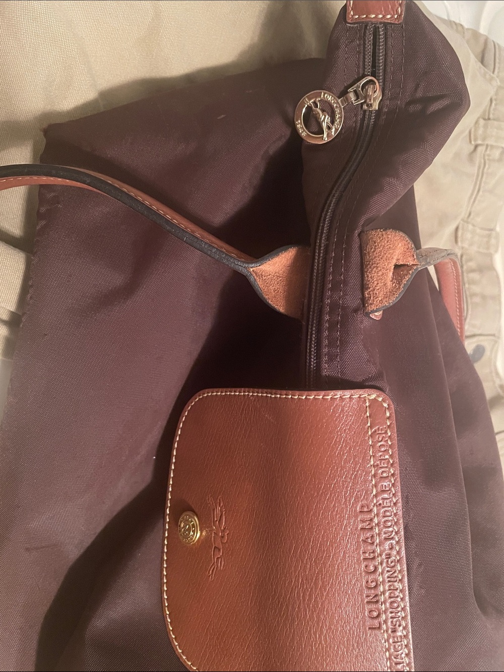 Longchamp Brown Nylon Tote with Tan Leather Trim - Picture 10 of 11